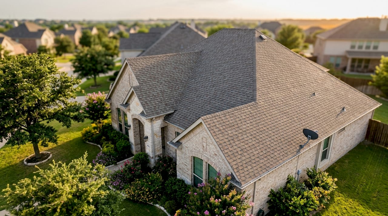 Aerial view of house roof with asphalt shingles in Texas