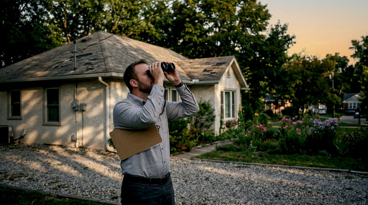 Inspector examining roof with binoculars from ground