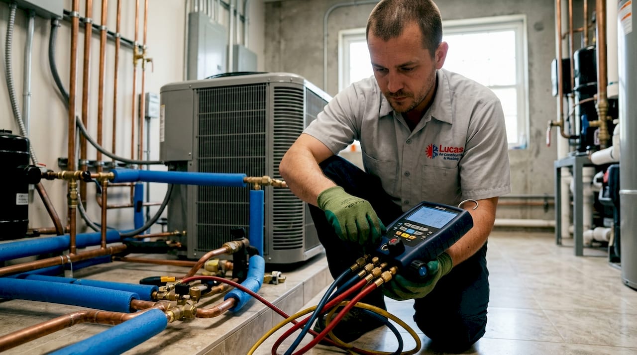 Technician hands using manifold gauges on heat pump