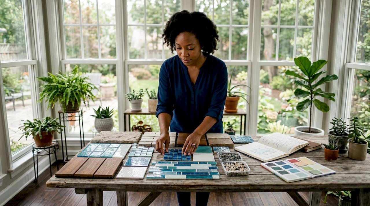 Ocala Pool Installation Process: A Homeowner's Guide 2 Woman choosing pool finish samples indoors