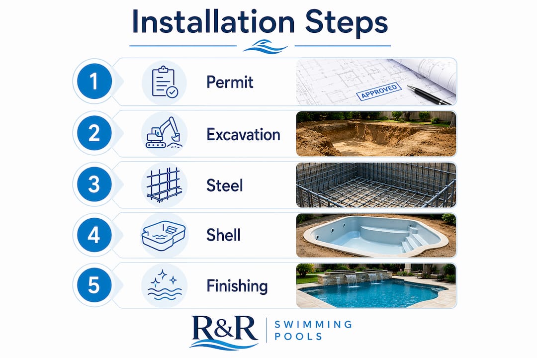 Ocala Pool Installation Process: A Homeowner's Guide 1 Infographic showing pool installation steps
