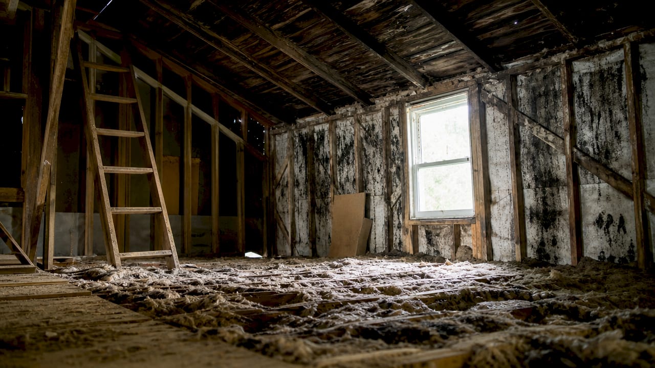 Water-damaged attic insulation with mold growth close-up