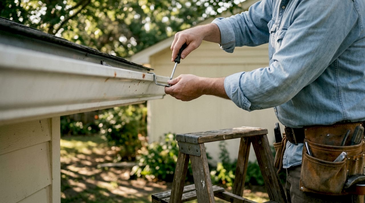 Hands tightening gutter bracket outdoors