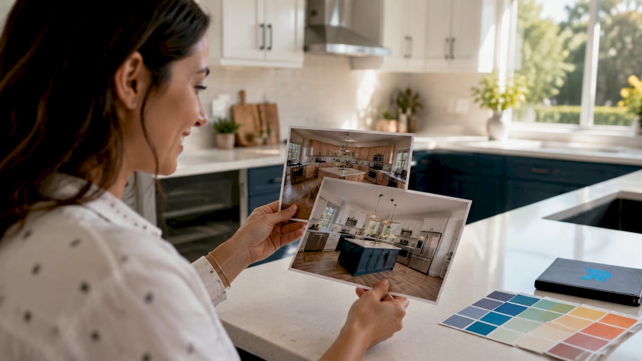 Hands holding before-and-after remodeling photos
