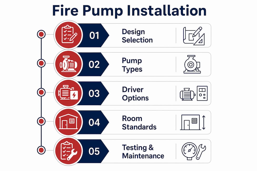Infographic outlining key NFPA 20 fire pump installation steps