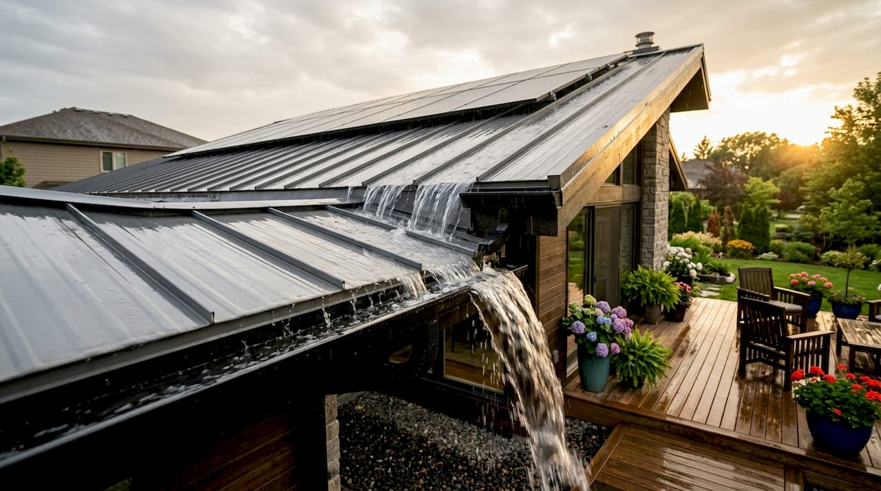 Water flowing off steep roof into gutter