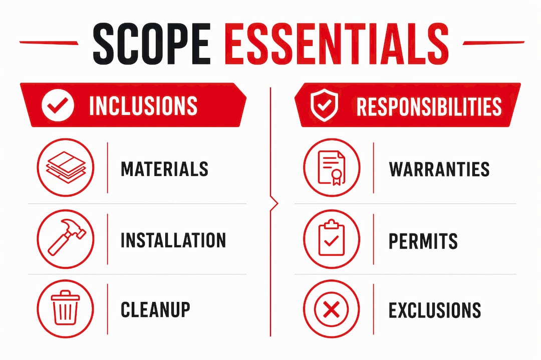 Infographic showing key roofing scope elements categorized