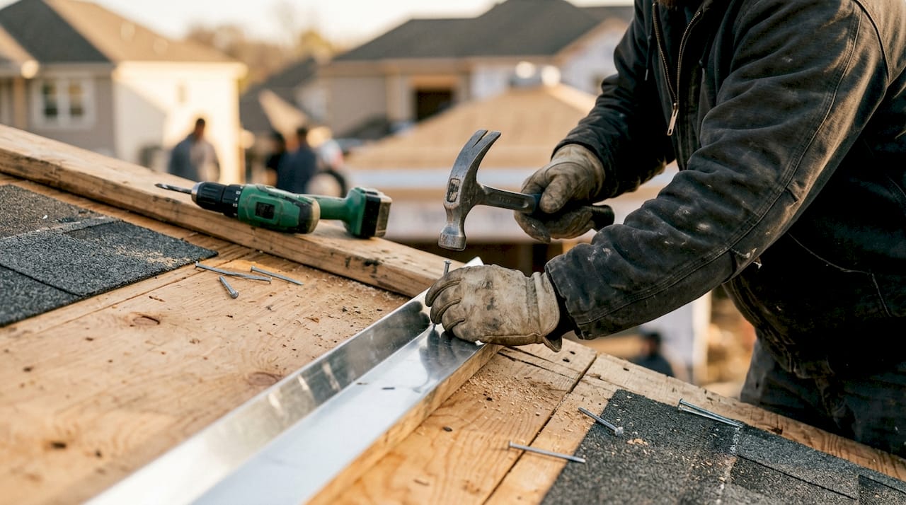 Hands installing metal drip edge on roof
