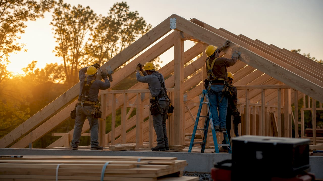 Close-up of workers framing gable roof