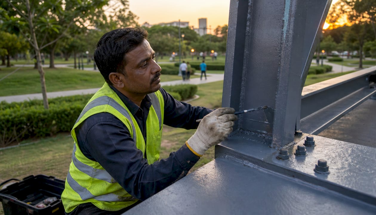 Technician applying spot repair to industrial steel coating