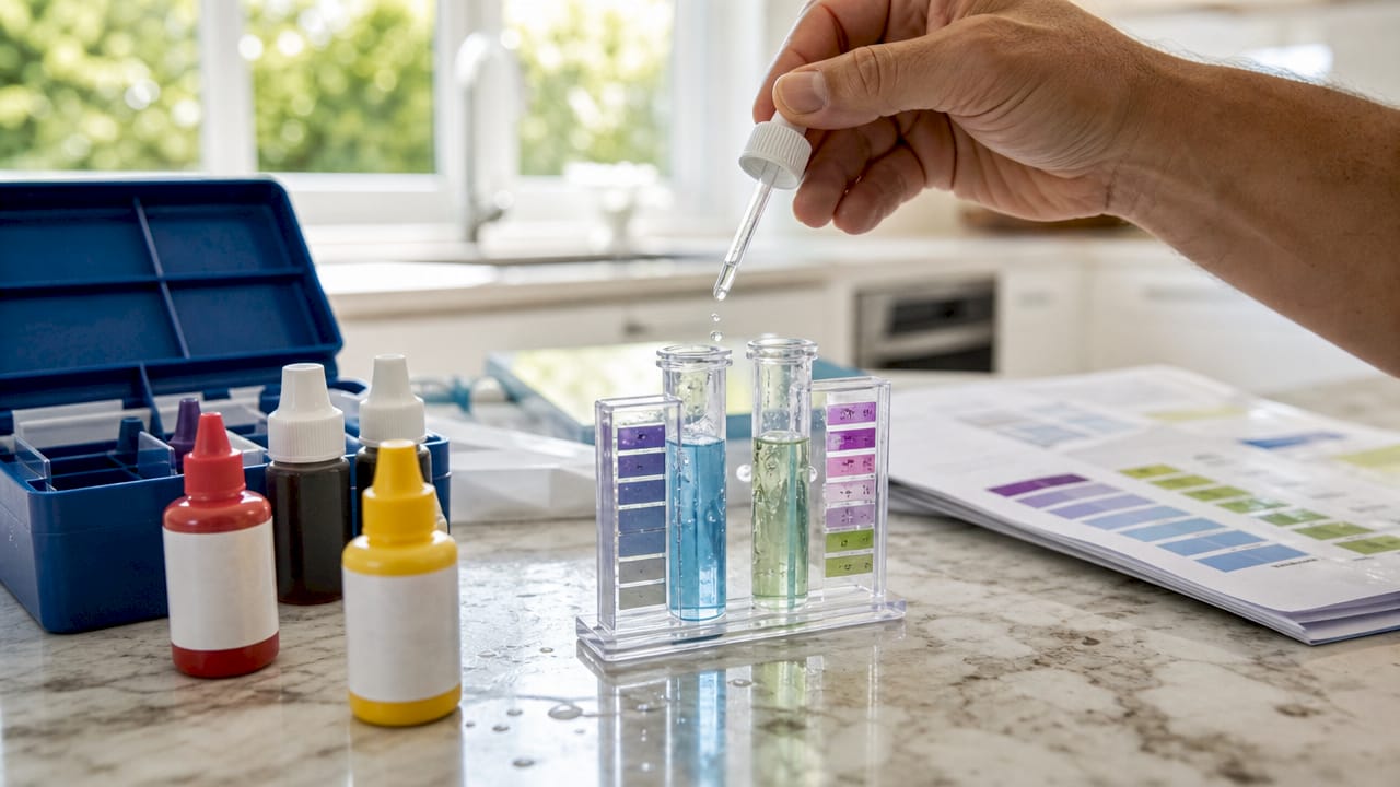 Close-up of pool water chemical test kit