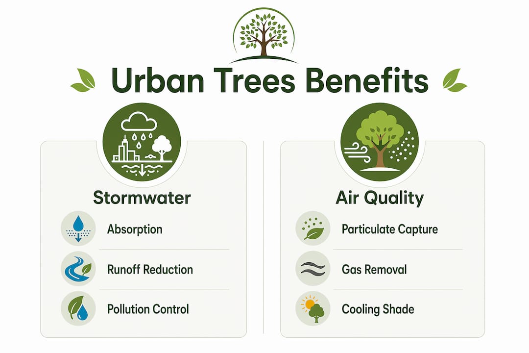 The Role of Trees in Urban Planning: A 2026 Guide 1 Infographic comparing stormwater and air quality benefits of urban trees