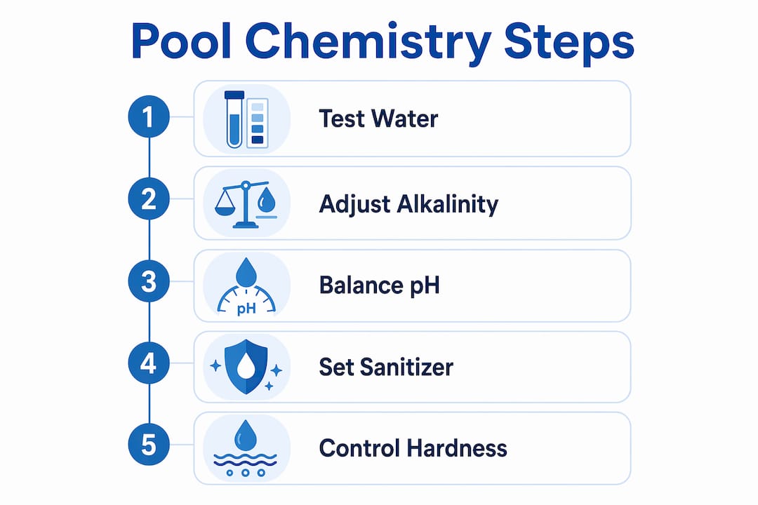 Infographic showing stepwise pool water chemistry adjustments