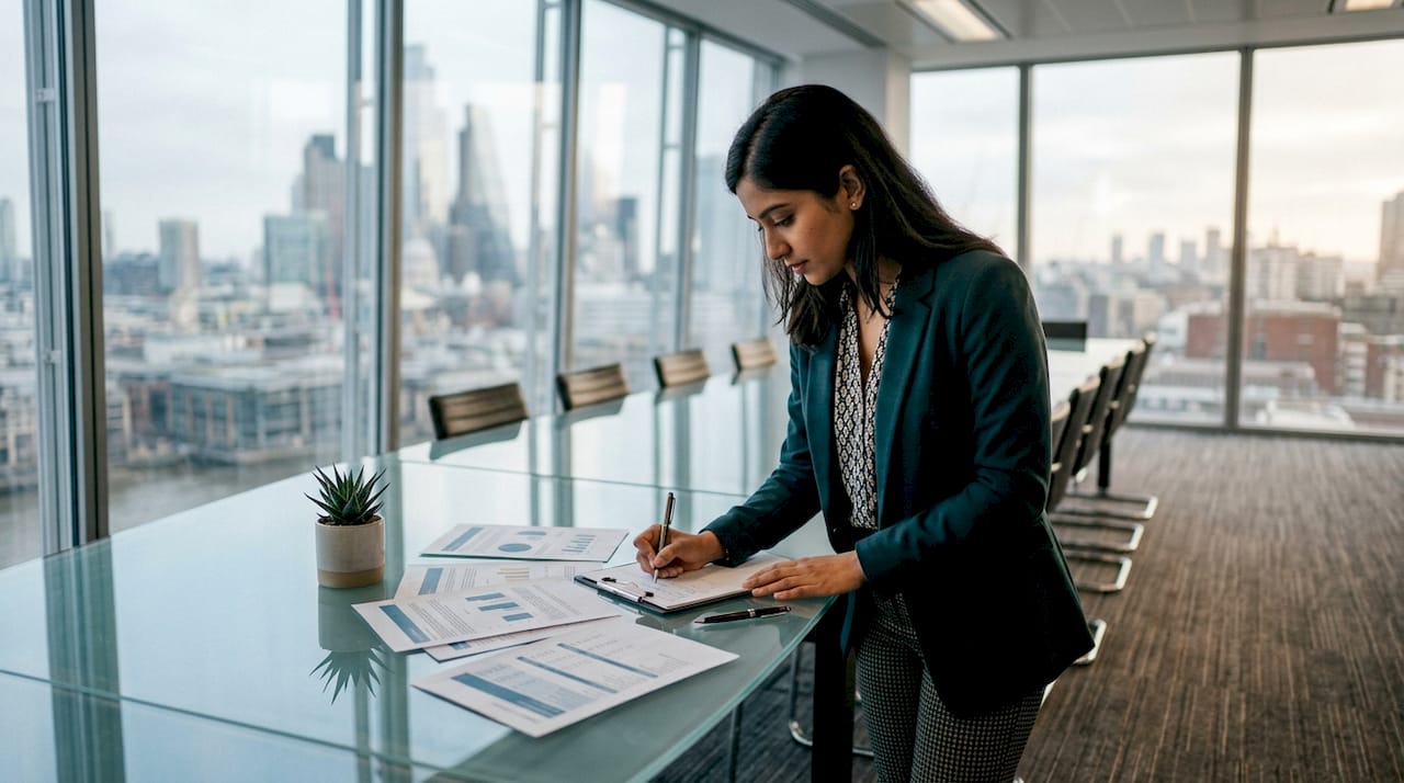 Woman reviewing HVAC automation system reports