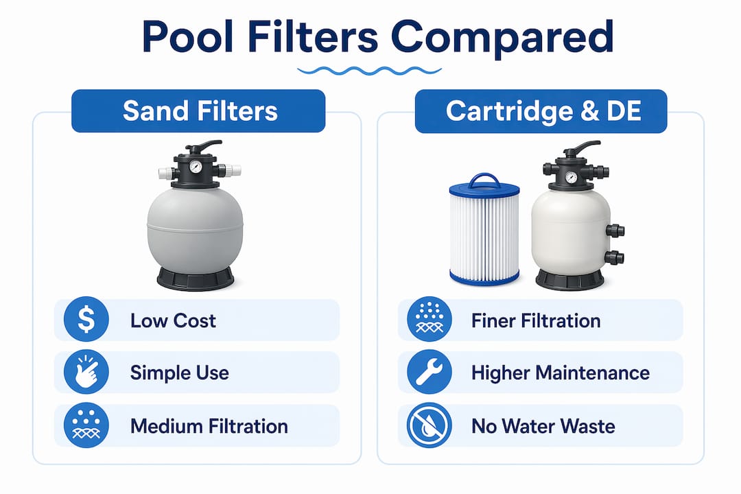 Infographic comparing sand filters with cartridge and DE filters