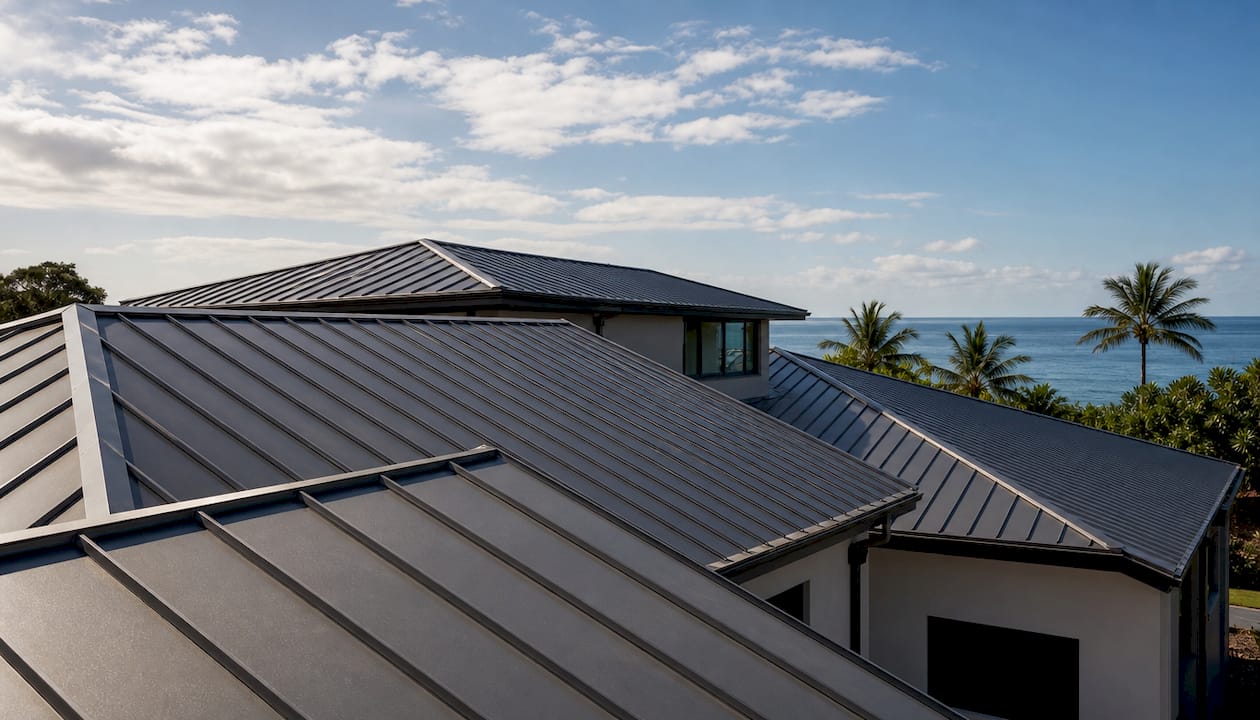 Close-up of aluminum standing seam metal roof