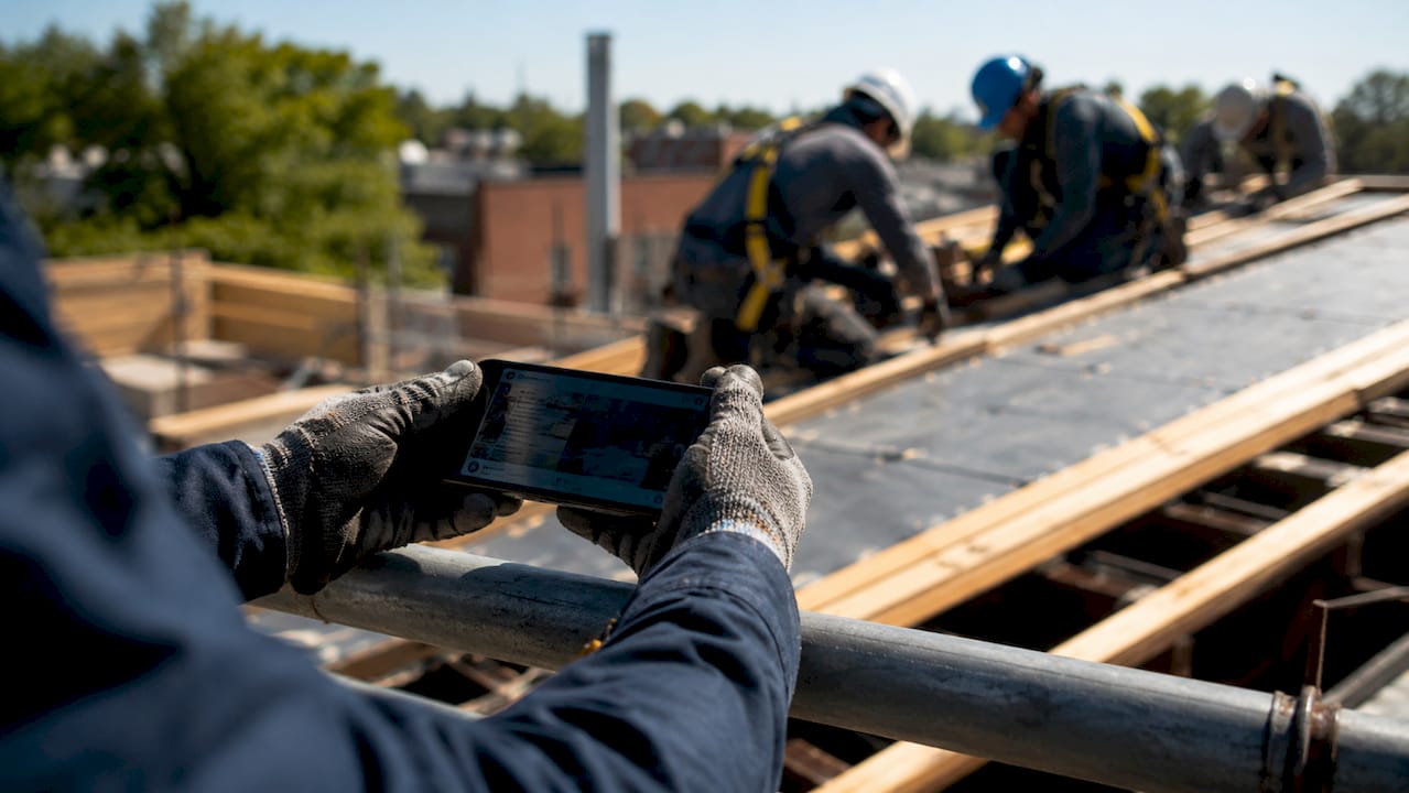 Hands holding smartphone at roofing jobsite near workers