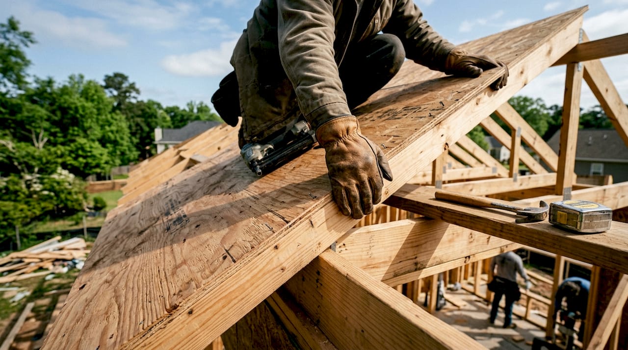Hands nailing plywood to roof framing outdoors