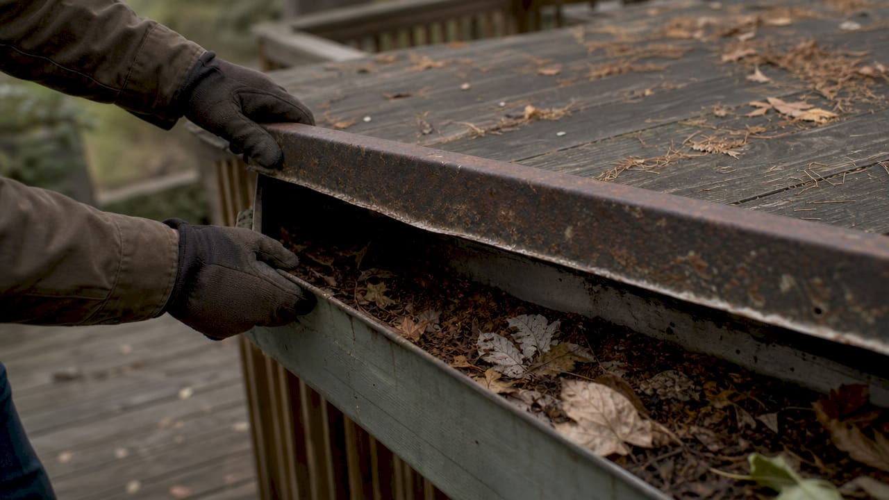 Hands inspecting rusted, sagging gutter outdoors