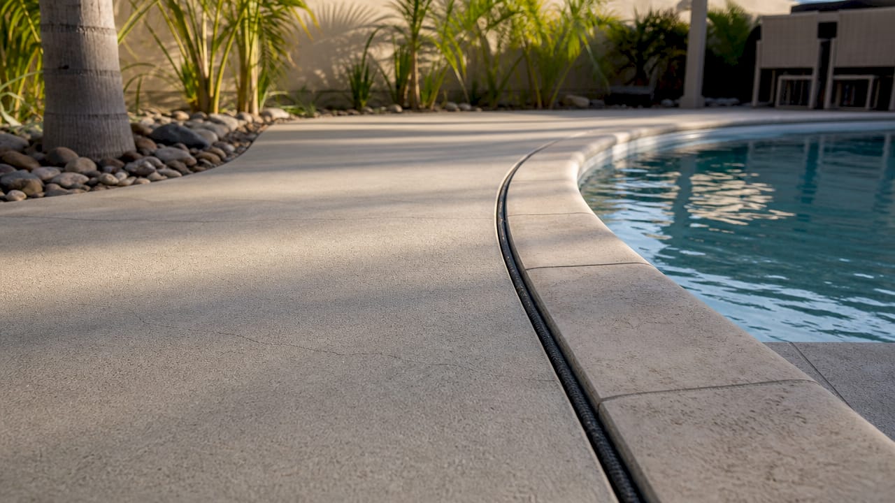 Overhead view of pool deck expansion joint with backer rod