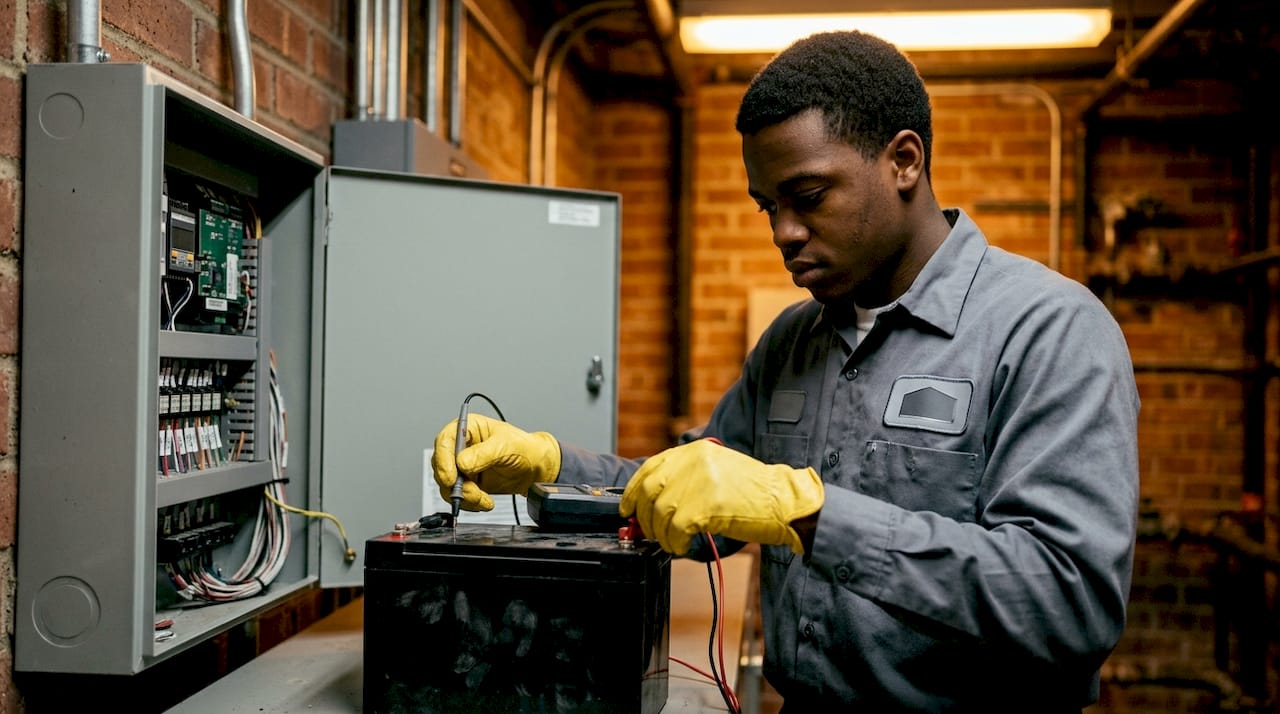 Technician testing fire system backup battery