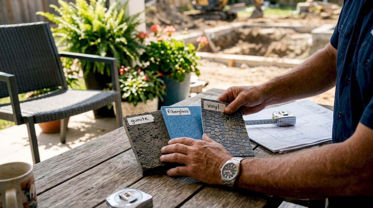 Crystal River Pool Installation: A Central Florida Guide 1 Contractor comparing pool material samples outdoors