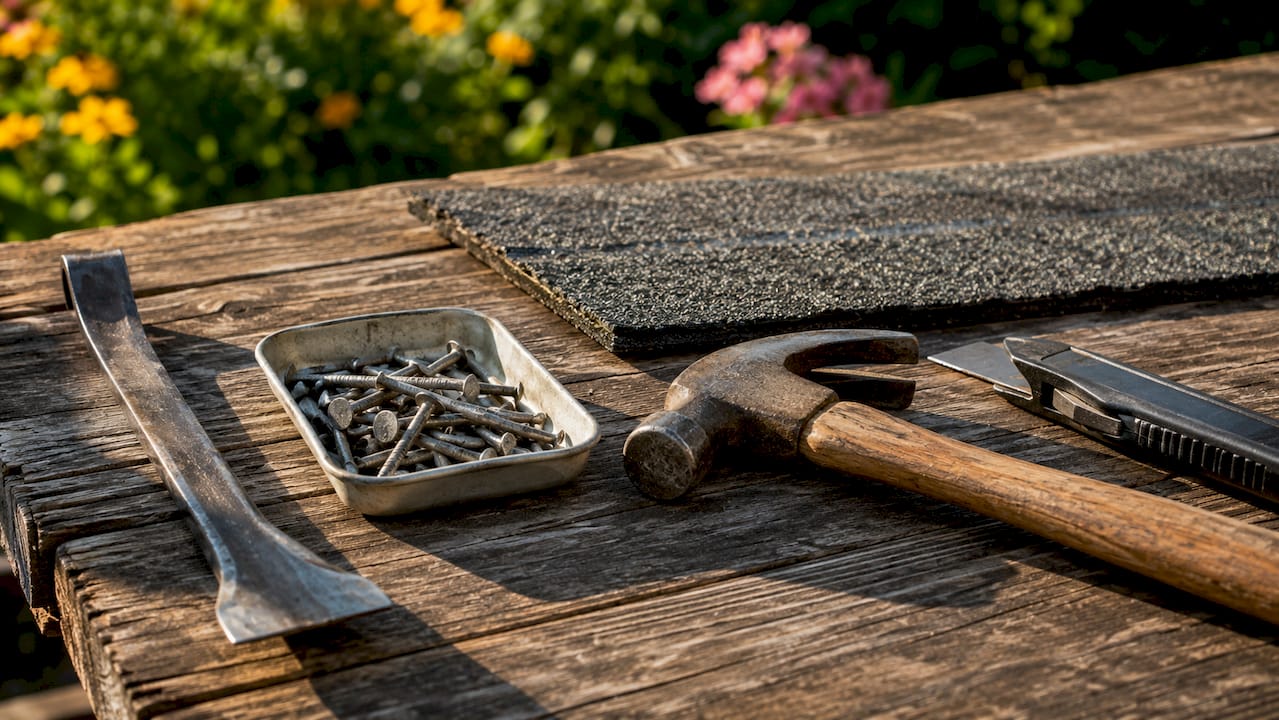 Close-up of tools for shingle repair