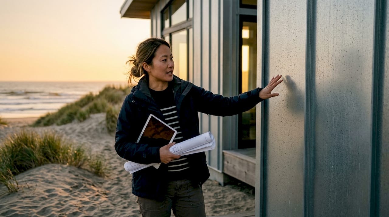 Architect reviewing metal siding on coastal home