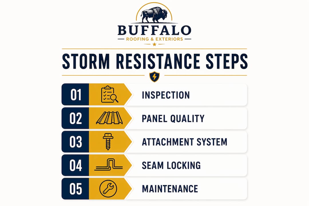 Infographic showing metal roofing storm resistance steps