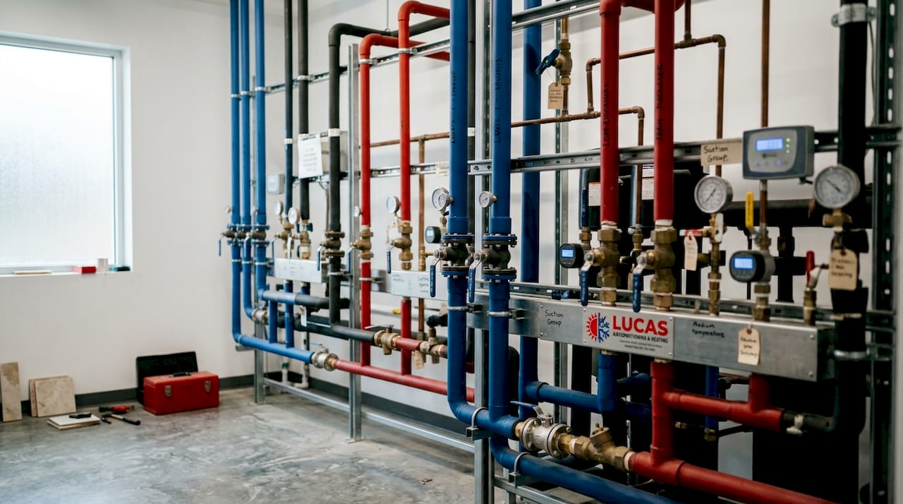 Close-up of rack refrigeration system suction groups
