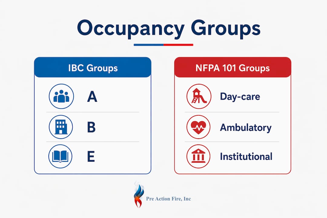 Infographic comparing IBC and NFPA occupancy groups