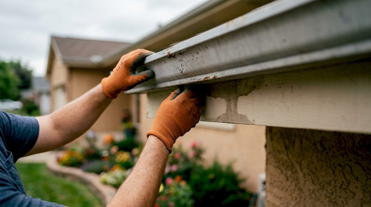 Hands wiping gutter underside checking leaks
