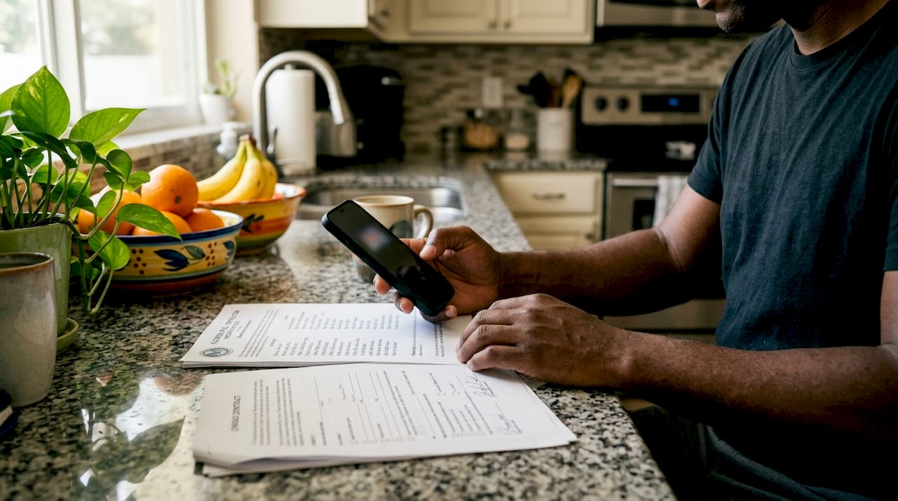 Homeowner verifying pool contractor credentials on phone and papers