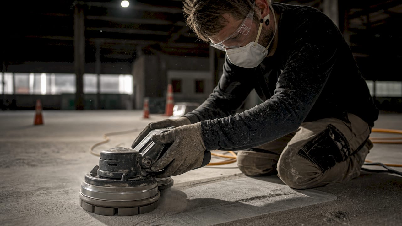 Operator performing diamond grinding on concrete floor