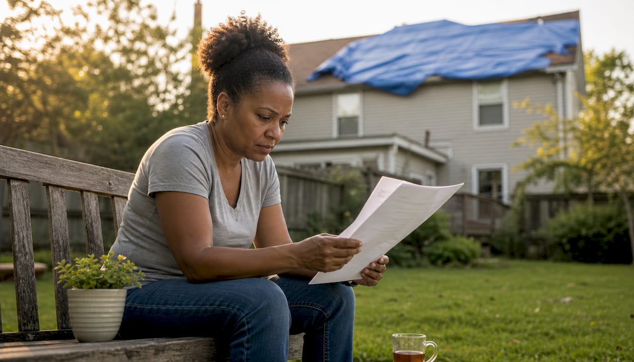 Homeowner reviewing roof tarp insurance documents