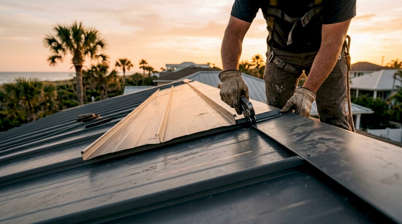 Close-up of roofer fastening standing seam metal panels