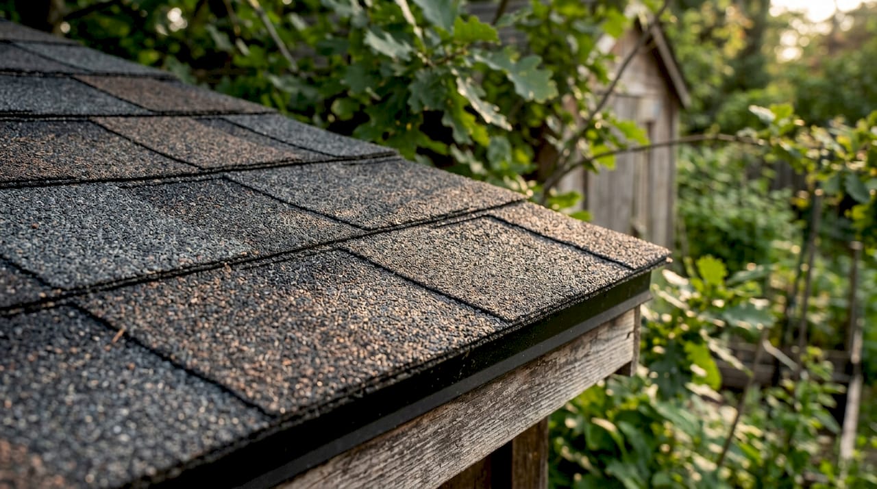 Close-up of polymer-modified asphalt shingle texture