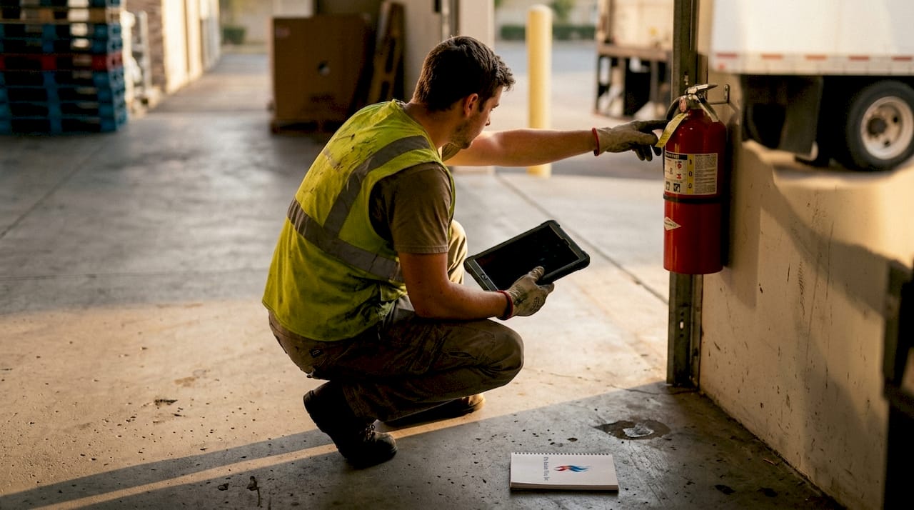 Technician checking fire extinguisher safety