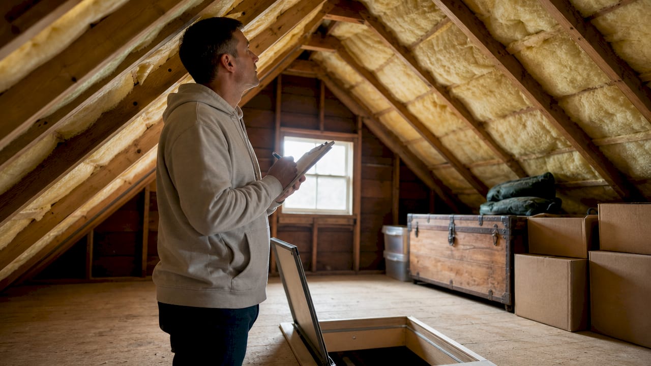 Homeowner inspecting attic insulation layers