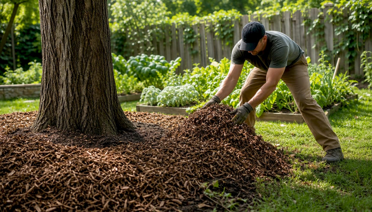 The Role of Mulching in Tree Care: A Homeowner's Guide 1 Hands spreading mulch correctly around tree base