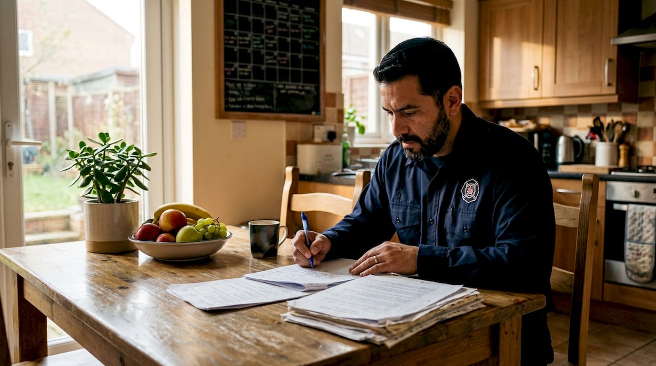 Fire marshal reviewing fire code documents in office