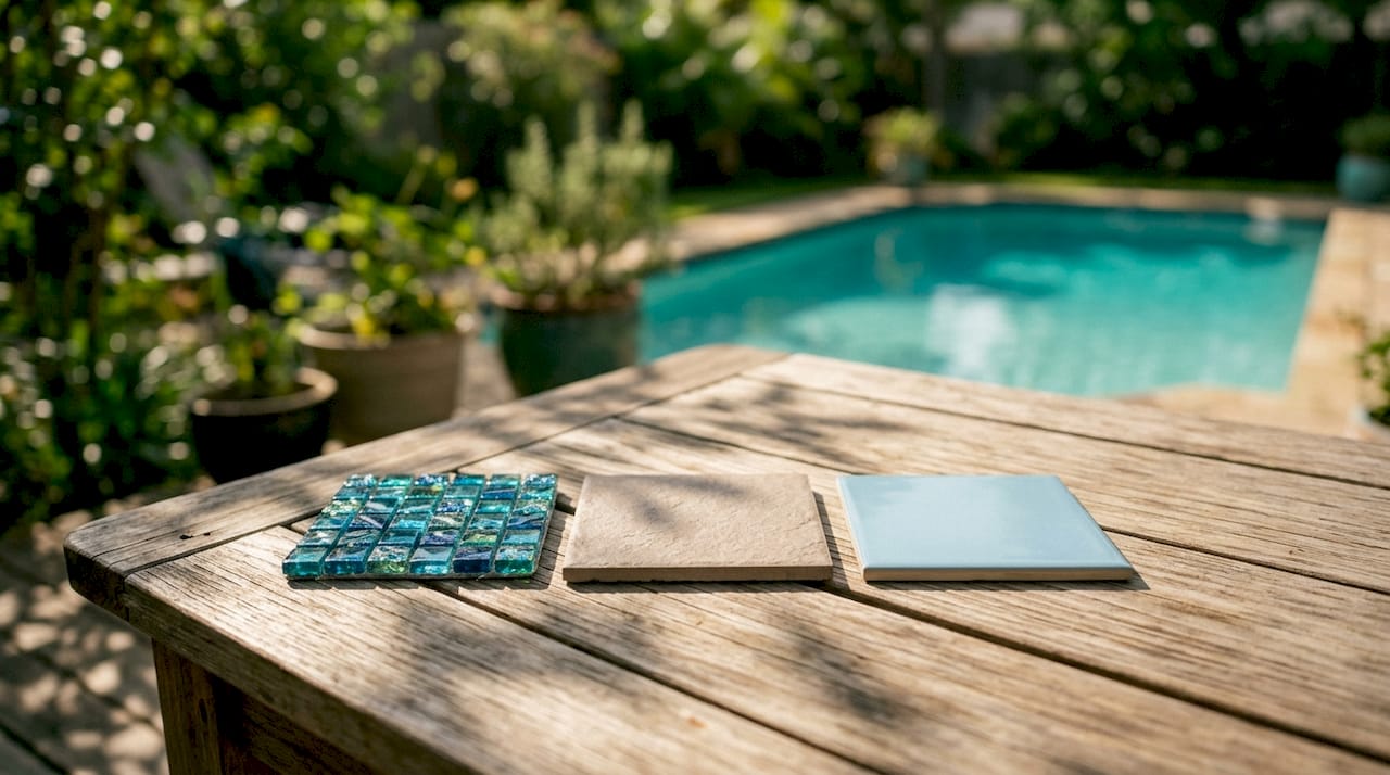 Close-up of hand holding pool tile samples