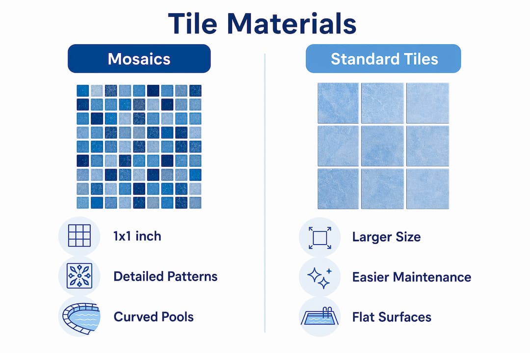 Infographic comparing mosaic and standard pool waterline tiles