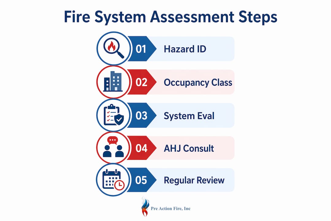 Infographic illustrating key steps in fire system assessment