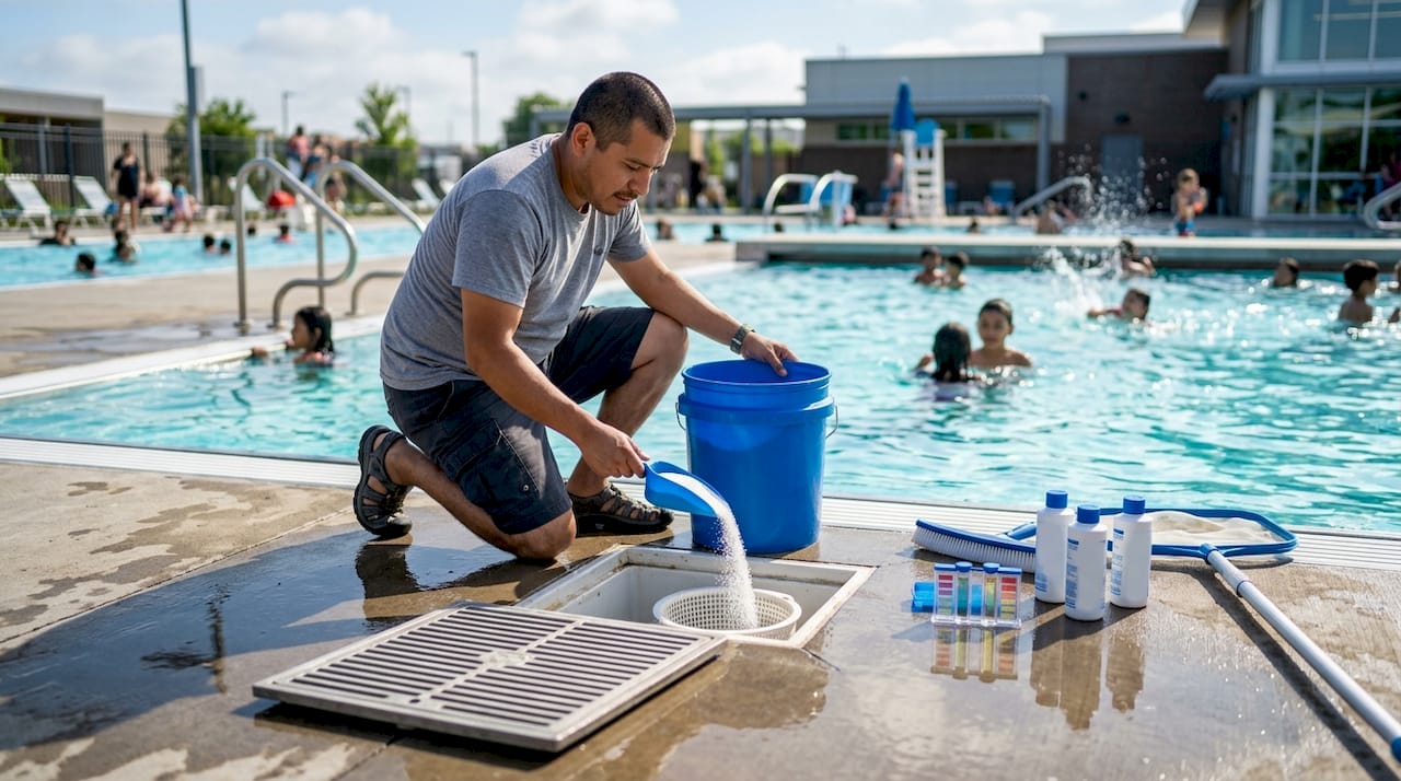 Hands adding shock chemical to commercial pool skimmer