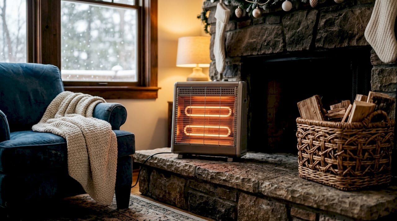 Portable space heater in winter living room