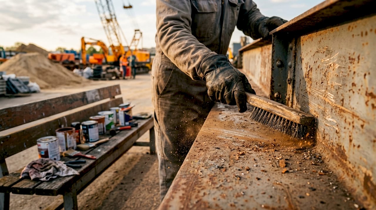Hands preparing steel surface for coating application