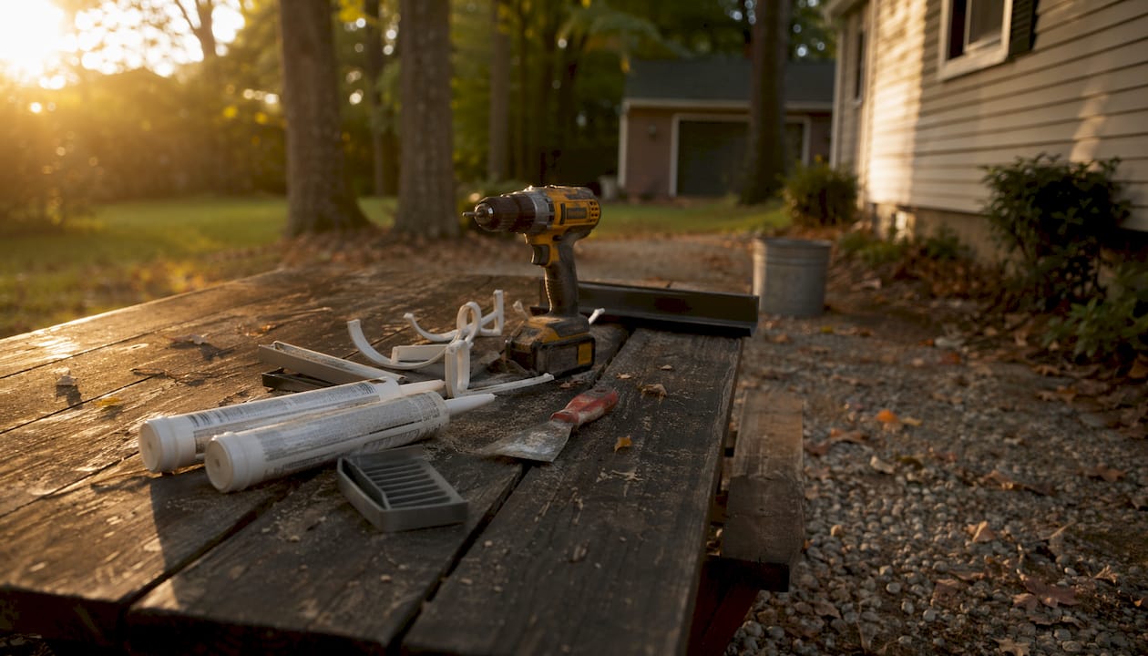 Array of gutter repair tools and materials on workbench