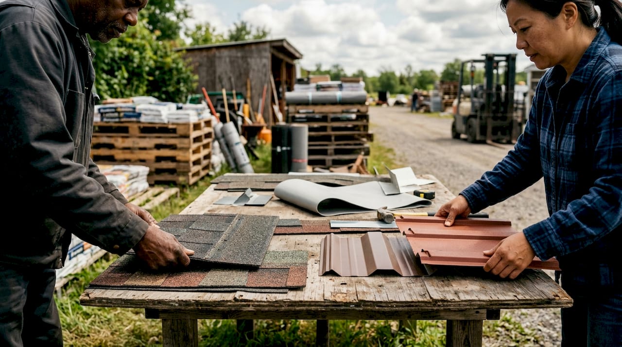 Hands comparing roofing materials samples outdoors