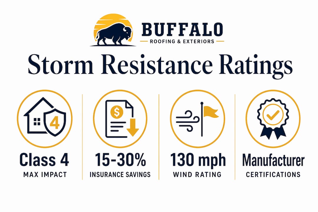 Infographic showing key storm resistance ratings for roofing